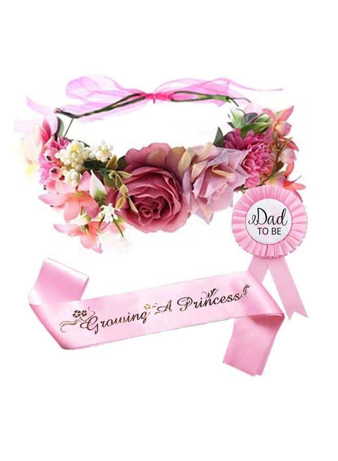 Ulfanit Girls Baby Shower Decoration - Adjustable Flower Crown Tiara and Growing A Princess Sash, Daddy Pin, Pink Party Gift Favors for Expectant Mom Dad Parents - Image 1
