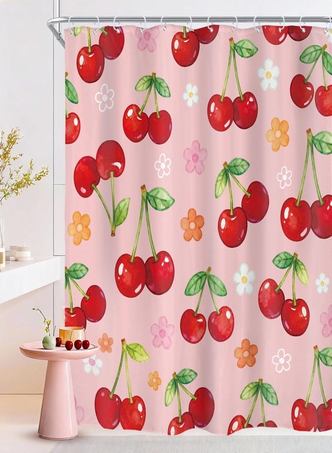 Riyidecor Cute Floral Cherry Shower Curtain for Bathroom Decor 72Wx84H Extra Long Flower Fruit Botanical Sweet Lovely Modern Pink Art Printed Fabric Polyester Waterproof 12 Pack Plastic Hooks - Image 1