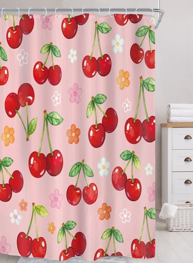 Riyidecor Cute Floral Cherry Shower Curtain for Bathroom Decor 72Wx84H Extra Long Flower Fruit Botanical Sweet Lovely Modern Pink Art Printed Fabric Polyester Waterproof 12 Pack Plastic Hooks - Image 2