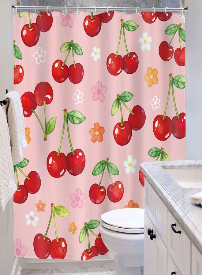 Riyidecor Cute Floral Cherry Shower Curtain for Bathroom Decor 72Wx84H Extra Long Flower Fruit Botanical Sweet Lovely Modern Pink Art Printed Fabric Polyester Waterproof 12 Pack Plastic Hooks - Image 4