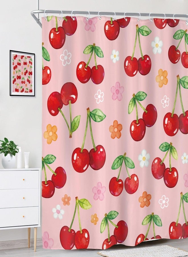 Riyidecor Cute Floral Cherry Shower Curtain for Bathroom Decor 72Wx84H Extra Long Flower Fruit Botanical Sweet Lovely Modern Pink Art Printed Fabric Polyester Waterproof 12 Pack Plastic Hooks - Image 3