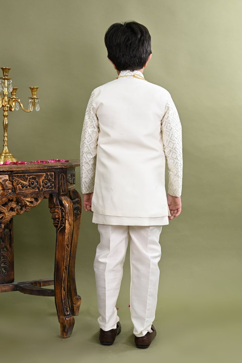 BT DEZINES Boys White Geometric Embroidered Sherwani Set - Image 2