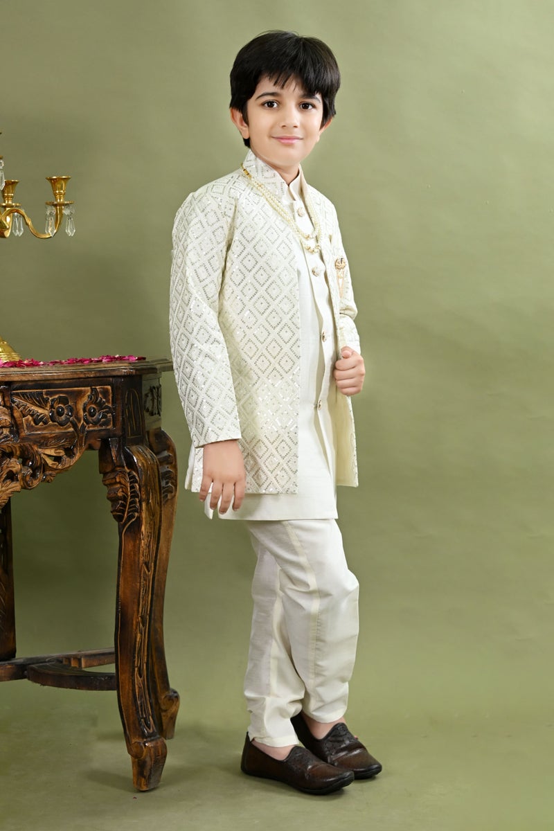 BT DEZINES Boys White Geometric Embroidered Sherwani Set - Image 3