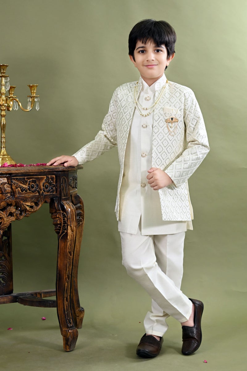 BT DEZINES Boys White Geometric Embroidered Sherwani Set - Image 1