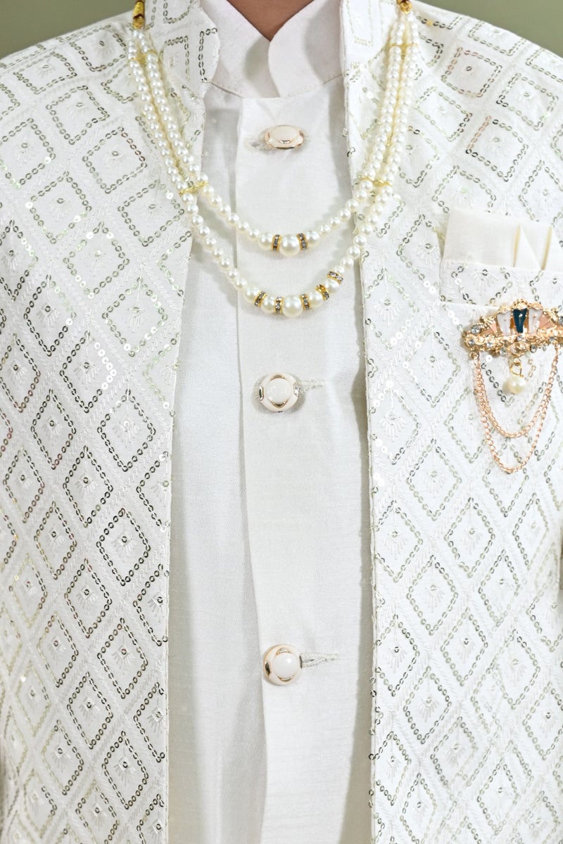 BT DEZINES Boys White Geometric Embroidered Sherwani Set - Image 5