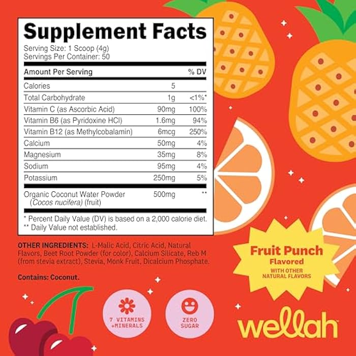 Wellah Electrolytes Powder (Fruit Punch) 50 Servings - Hydration Drink Mix, 7 Vitamins & Minerals, Zero Sugar - Image 2