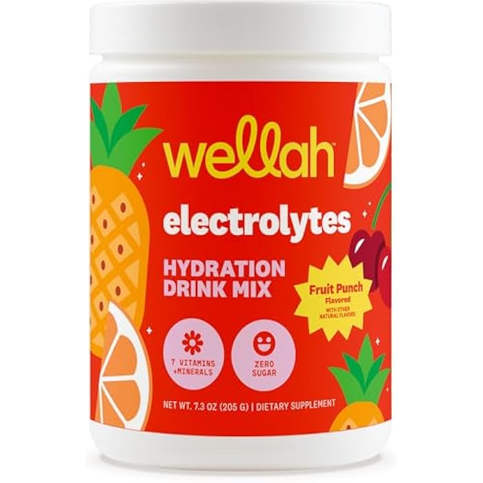 Wellah Electrolytes Powder (Fruit Punch) 50 Servings - Hydration Drink Mix, 7 Vitamins & Minerals, Zero Sugar - Image 1