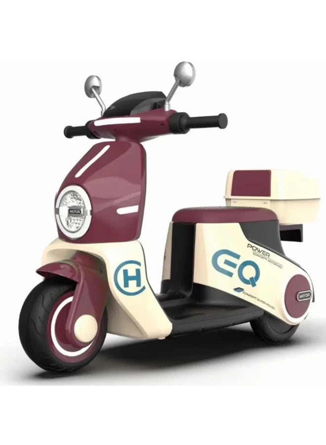 Electric Scooter Ride-On for Kids - 6V Battery, Multimedia & Storage Maroon Cream - Image 2
