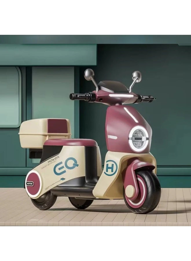 Electric Scooter Ride-On for Kids - 6V Battery, Multimedia & Storage Maroon Cream - Image 1
