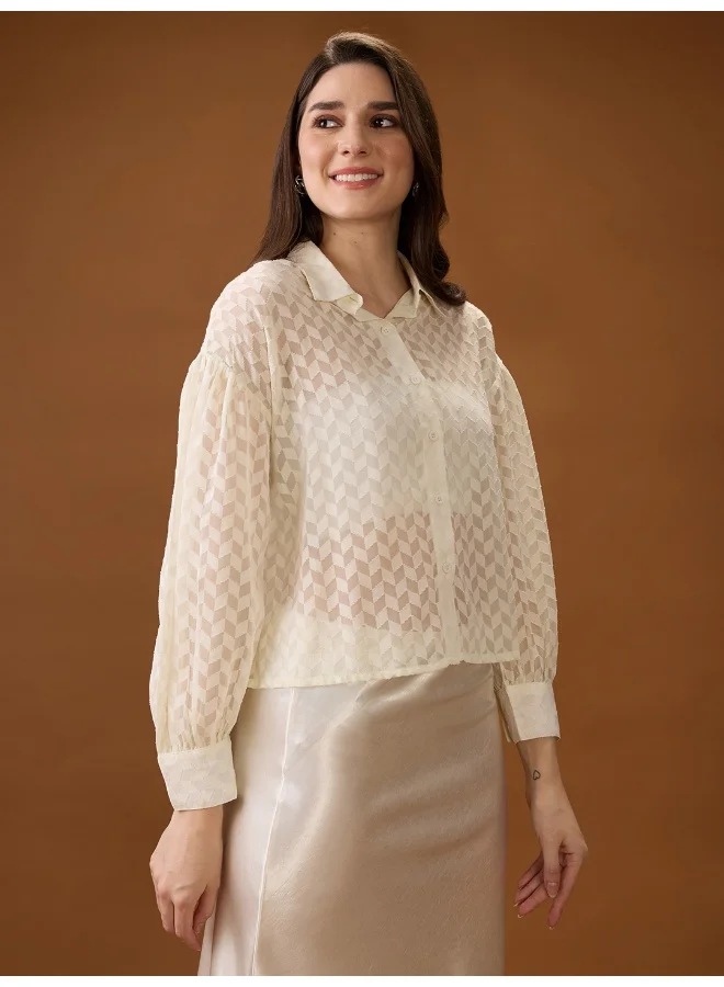 جلو باص قميص نسائي جورجيت بتصميم ذاتي وياقة مضلعة وأكمام بأساور