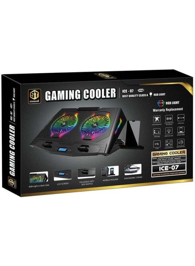 Standard ICE07 Gaming Laptop Cooler with Mobile Stand, 2 Large Fan Colorful Lights RGB Light, LCD Display,(2x140mm) - With Speed Control (250:1000 RPM) - USB Power & HUB - Phone holder - Image 4