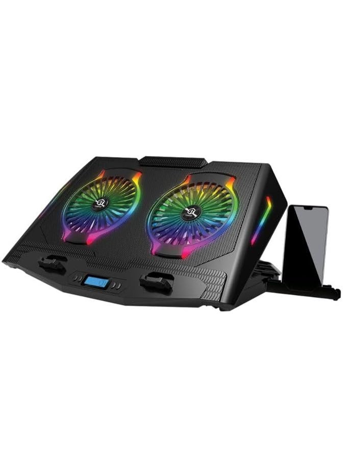 Standard ICE07 Gaming Laptop Cooler with Mobile Stand, 2 Large Fan Colorful Lights RGB Light, LCD Display,(2x140mm) - With Speed Control (250:1000 RPM) - USB Power & HUB - Phone holder - Image 1