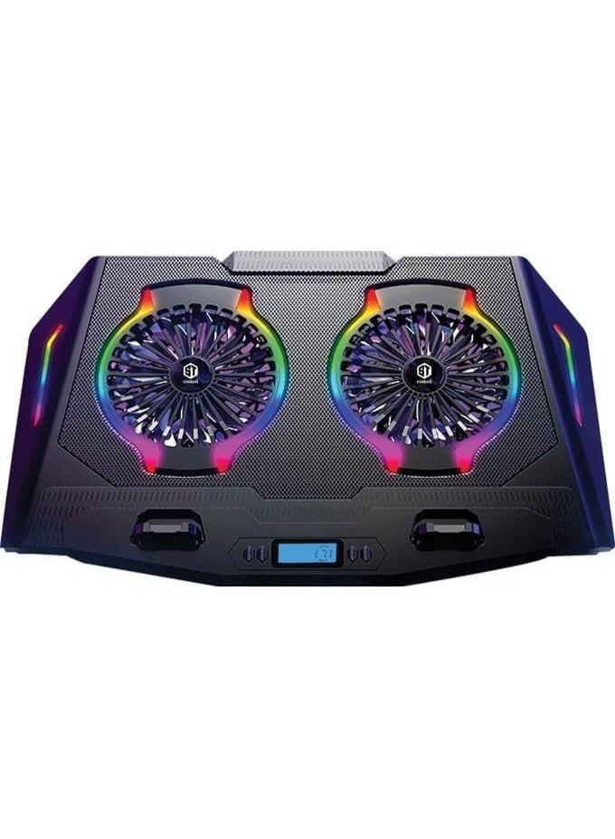 Standard ICE07 Gaming Laptop Cooler with Mobile Stand, 2 Large Fan Colorful Lights RGB Light, LCD Display,(2x140mm) - With Speed Control (250:1000 RPM) - USB Power & HUB - Phone holder - Image 2