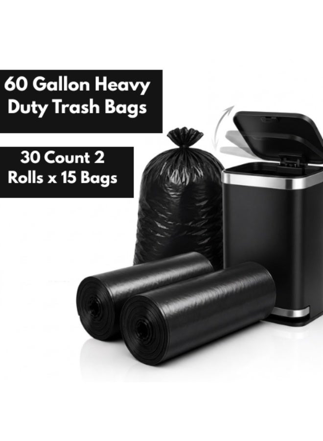 AMM 60 Gallon Heavy Duty Trash Bags – 30 Count (2 Rolls x 15 Bags) – Extra Strong Leakproof Contractor Garbage Bags – Large Industrial Bin Liners for Outdoor, Kitchen, Commercial, Yard & Construction Use - Image 1