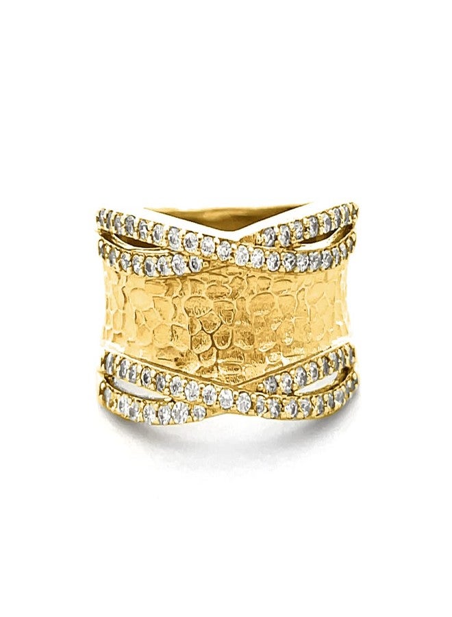 LAVINA Unique CZ Faux Diamond Matte Finish Hammered Band Ring For Proms, Holiday, Birthday (Gold, 7) - Image 1
