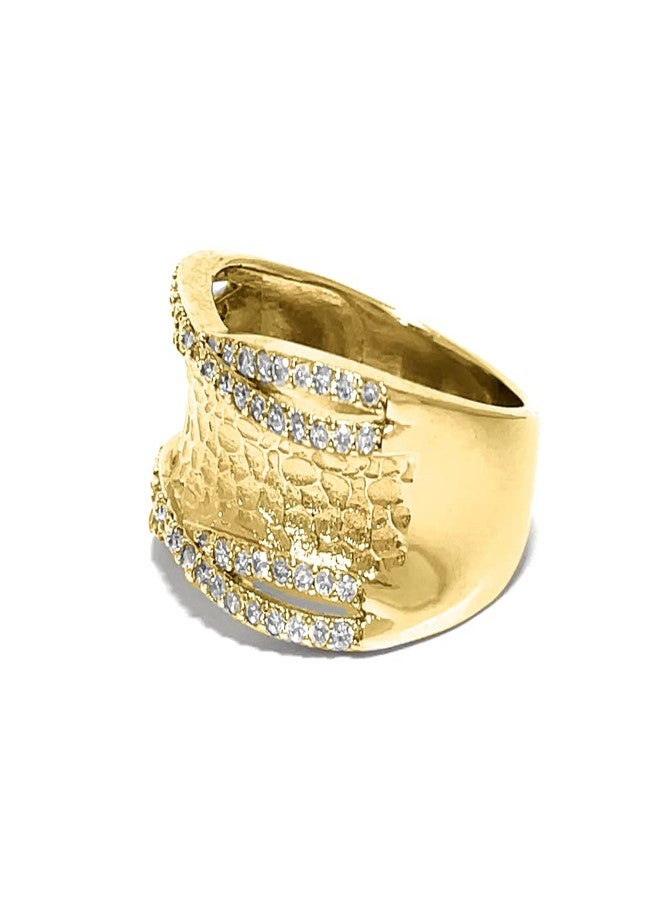 LAVINA Unique CZ Faux Diamond Matte Finish Hammered Band Ring For Proms, Holiday, Birthday (Gold, 7) - Image 2