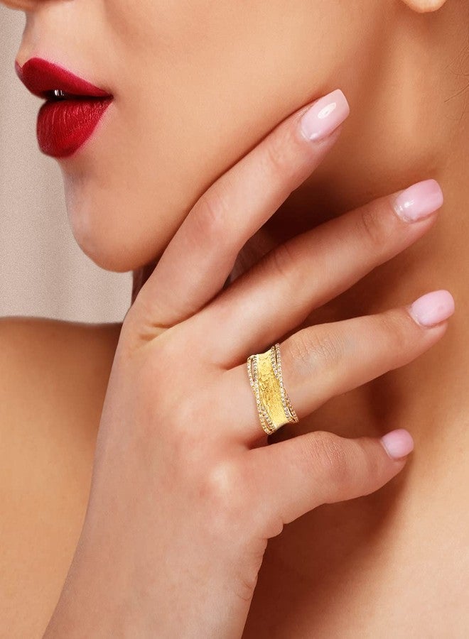 LAVINA Unique CZ Faux Diamond Matte Finish Hammered Band Ring For Proms, Holiday, Birthday (Gold, 7) - Image 4
