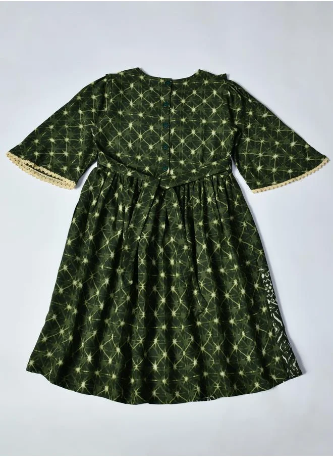BELLA MODA Bella Moda All-Over Print Lace Trim Cotton Dress with 3/4 Sleeves