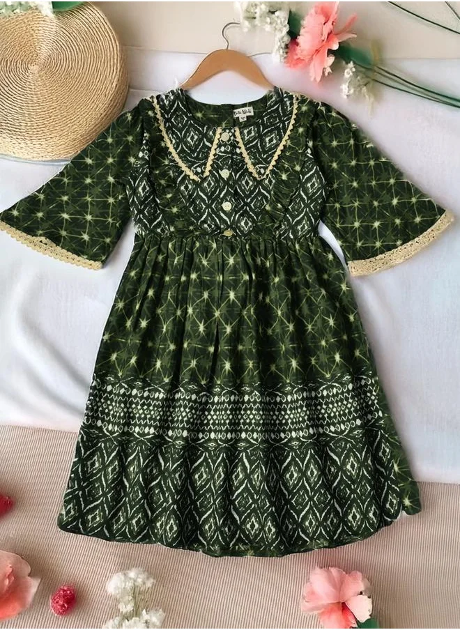BELLA MODA Bella Moda All-Over Print Lace Trim Cotton Dress with 3/4 Sleeves