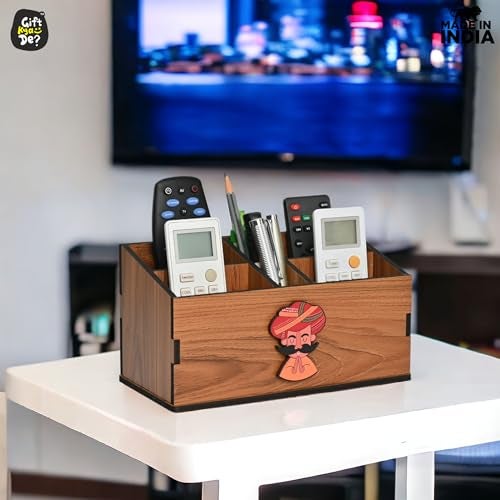 Gift Kya De GKD Remote Stand with 5 Sections | Wooden Remote Holder for Living Room, TV and AC | Stationary Organizer | 5 in 1 | Ideal for Home and Office, New Year Gift (Brown Rajasthan) - Image 3