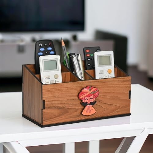 Gift Kya De GKD Remote Stand with 5 Sections | Wooden Remote Holder for Living Room, TV and AC | Stationary Organizer | 5 in 1 | Ideal for Home and Office, New Year Gift (Brown Rajasthan) - Image 1