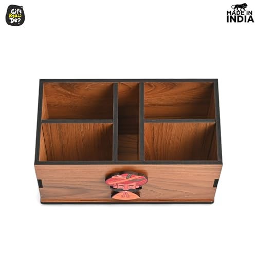 Gift Kya De GKD Remote Stand with 5 Sections | Wooden Remote Holder for Living Room, TV and AC | Stationary Organizer | 5 in 1 | Ideal for Home and Office, New Year Gift (Brown Rajasthan) - Image 2