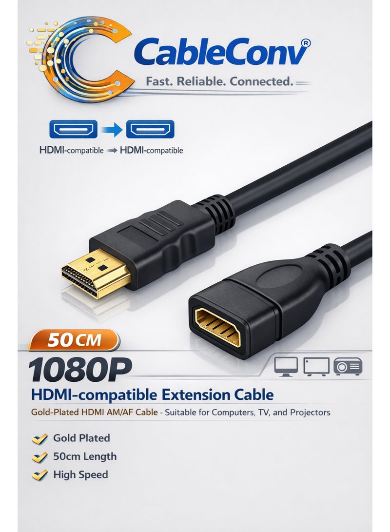 CABLE CONV HDMI Extension Cable 50cm Male to Female Gold Plated High Speed HDMI AM to AF Cable for TV, Laptop, Monitor, Projector – 1080P Compatible - Image 1
