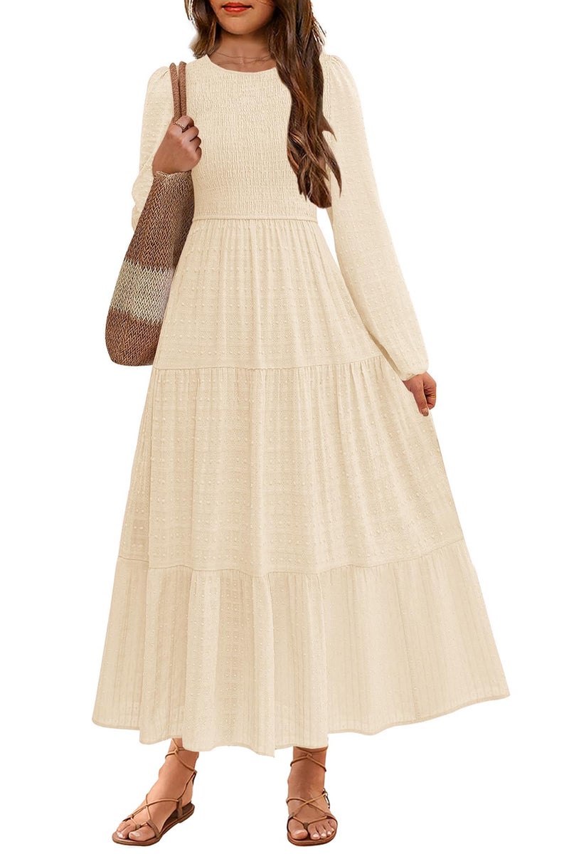 HOSIKA Tween Girls Fall Puff Long Sleeve Smocked Swiss Dot Tiered A-line Flowy Maxi Dress with Pockets 6-12 Years Apricot - Image 1