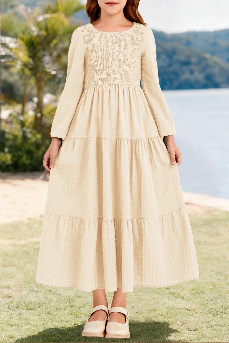 HOSIKA Tween Girls Fall Puff Long Sleeve Smocked Swiss Dot Tiered A-line Flowy Maxi Dress with Pockets 6-12 Years Apricot - Image 4
