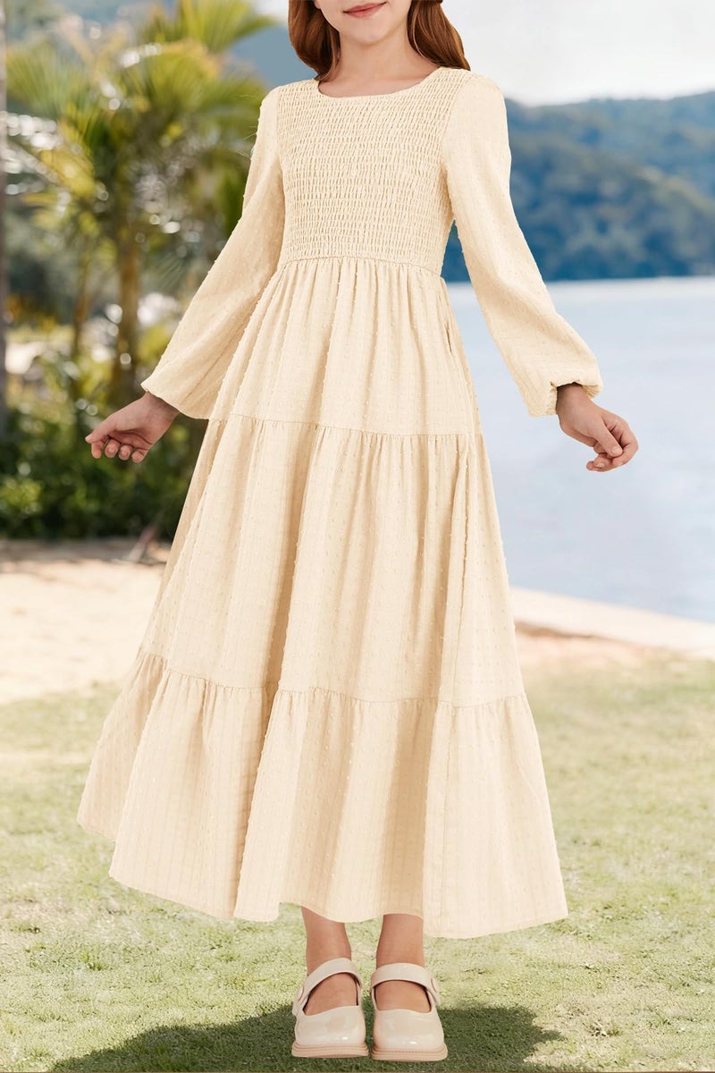 HOSIKA Tween Girls Fall Puff Long Sleeve Smocked Swiss Dot Tiered A-line Flowy Maxi Dress with Pockets 6-12 Years Apricot - Image 2