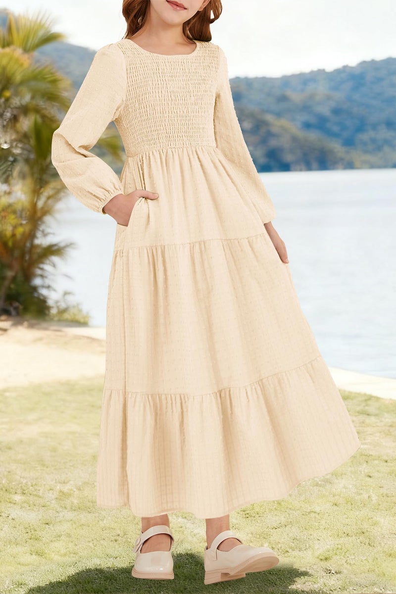 HOSIKA Tween Girls Fall Puff Long Sleeve Smocked Swiss Dot Tiered A-line Flowy Maxi Dress with Pockets 6-12 Years Apricot - Image 3