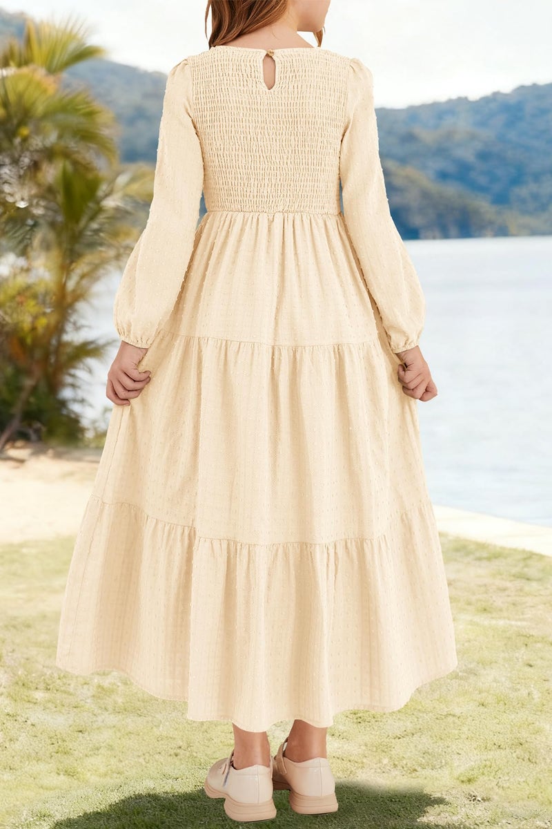 HOSIKA Tween Girls Fall Puff Long Sleeve Smocked Swiss Dot Tiered A-line Flowy Maxi Dress with Pockets 6-12 Years Apricot - Image 5