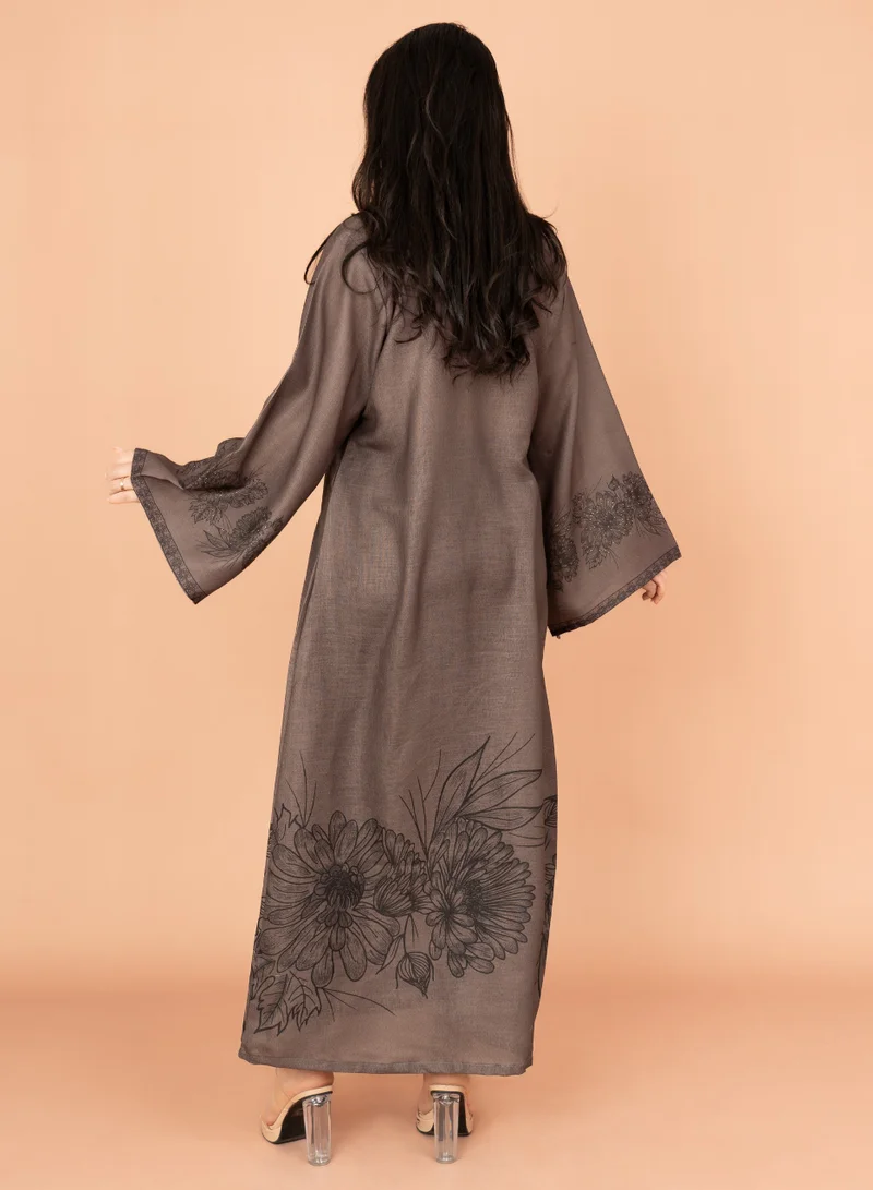 IKKXA Embellished Floral Touch Solid Jalabiya IN1024 Brown