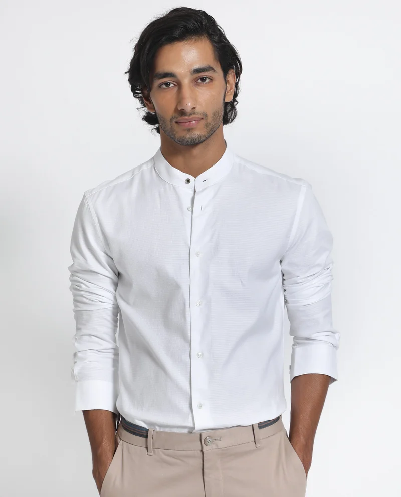 Rare Rabbit Rare Rabbit Men's Stellar White Mandarin Collar Full Sleeves Self Micro Check Shirt