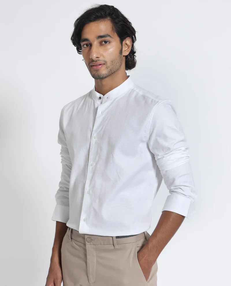 Rare Rabbit Rare Rabbit Men's Stellar White Mandarin Collar Full Sleeves Self Micro Check Shirt