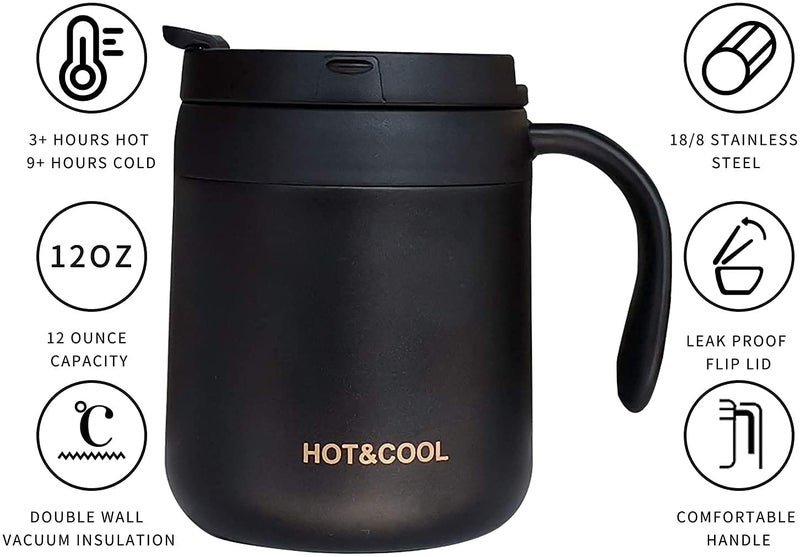 ONICORN® 1 PCS Coffee Mug with Handle,Vacuum Insulated Water Cup,Double Wall Stainless Steel Coffee Travel Mug with Flip Lid. (Black, 350 ML) - Image 3