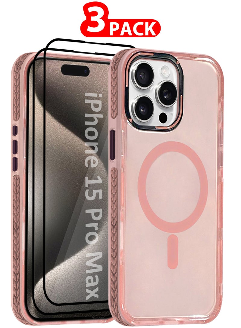 CATANES (لآيفون 15 برو ماكس) غلاف ماغسيف صلب من 3 عبوات من البولي كربونات، غلاف واقي مضاد للصدمات، شفاف - لون وردي - Image 1