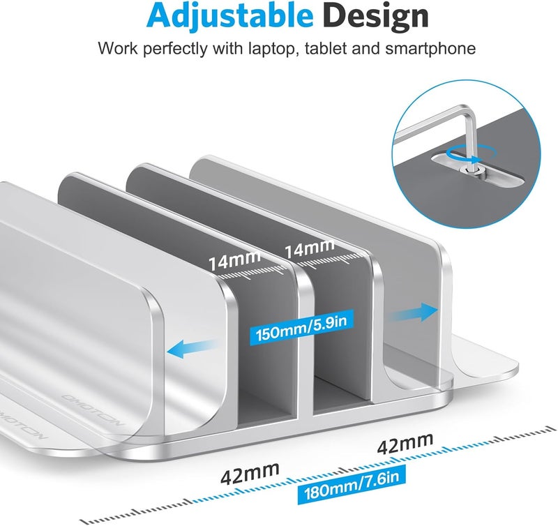 Omoton Vertical Laptop Stand [Updated Double Version], Desktop Aluminum Mac Book Stand with Adjustable Dock Size, Fits All Mac Book, Surface, Chrome Book and Gaming Laptops (Up to 17.3 inch) (Silver) - Image 4