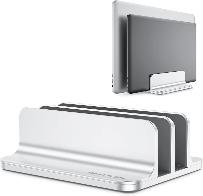 Omoton Vertical Laptop Stand [Updated Double Version], Desktop Aluminum Mac Book Stand with Adjustable Dock Size, Fits All Mac Book, Surface, Chrome Book and Gaming Laptops (Up to 17.3 inch) (Silver) - Image 1