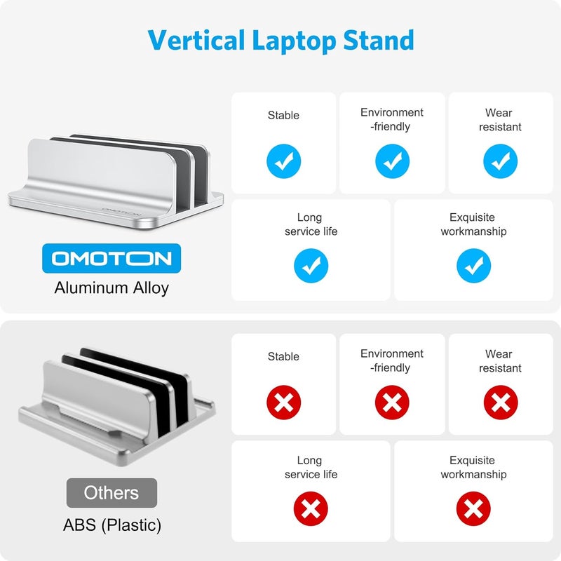 Omoton Vertical Laptop Stand [Updated Double Version], Desktop Aluminum Mac Book Stand with Adjustable Dock Size, Fits All Mac Book, Surface, Chrome Book and Gaming Laptops (Up to 17.3 inch) (Silver) - Image 2