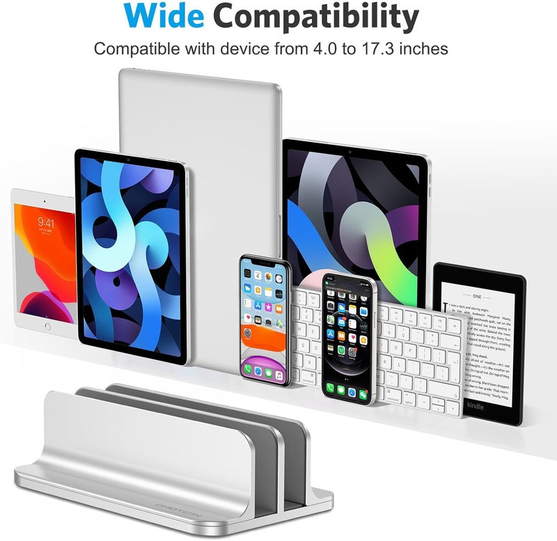 Omoton Vertical Laptop Stand [Updated Double Version], Desktop Aluminum Mac Book Stand with Adjustable Dock Size, Fits All Mac Book, Surface, Chrome Book and Gaming Laptops (Up to 17.3 inch) (Silver) - Image 3