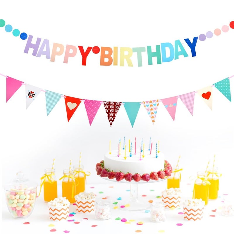 Azonee Happy Birthday Banner Set Colorful Triangle Flag with Polka Dots Vibrant Party Decorations PreThreaded with Ribbon for Easy Hanging Perfect for Birthday Celebrations - Image 1
