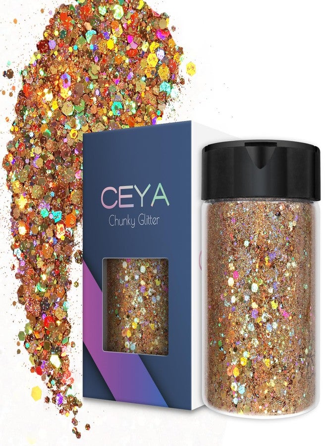 Ceya Holographic Chunky Glitter, 100g/3.5oz Diamond Gold Craft Glitter Powder Mixed Fine Flakes Iridescent Nail Sequins for Nail Art, Hair, Epoxy Resin, Tumblers, Slime, Painting, Festival Decor - Image 1
