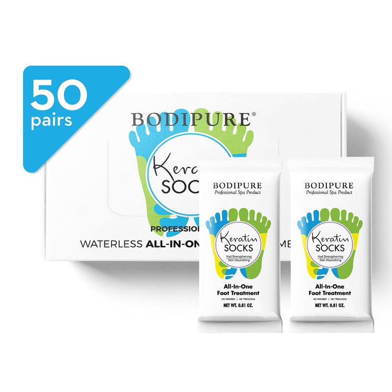 Bodipure Professional Keratin Socks for Heel Softening - Moisturizing Foot Mask for Dry Feet - Foot and cuticle Treatment with Vegetable Keratin cream - Box of 50 Pairs