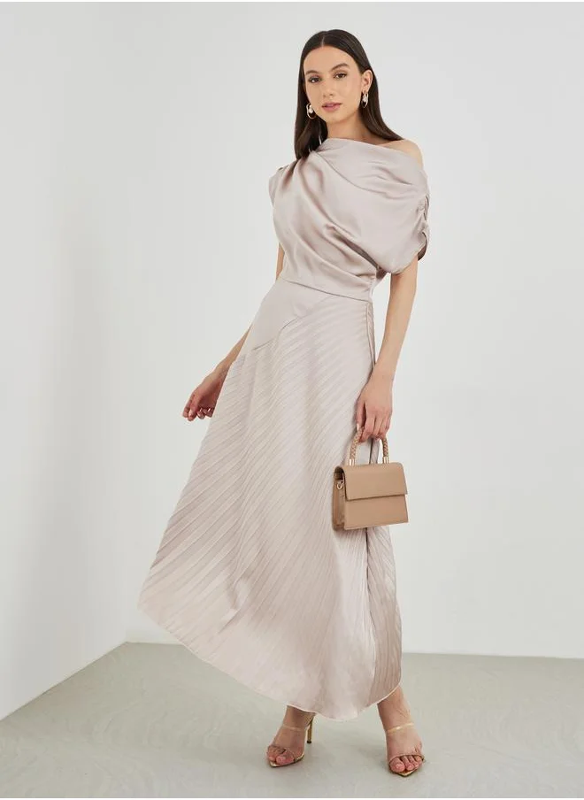 Take Two Take Two Solid Asymmetric Neck Pleated Midi Dress
