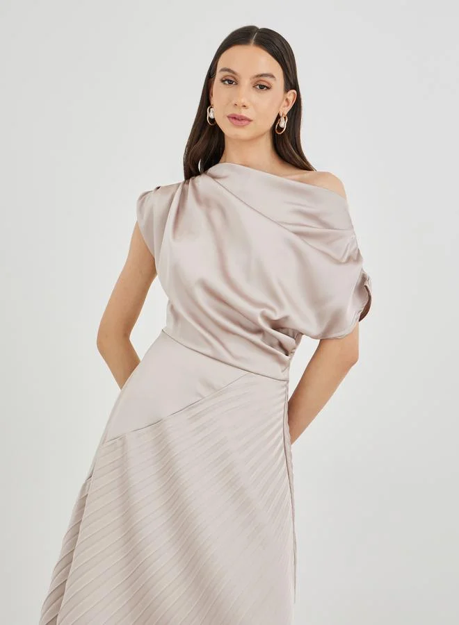 Take Two Take Two Solid Asymmetric Neck Pleated Midi Dress