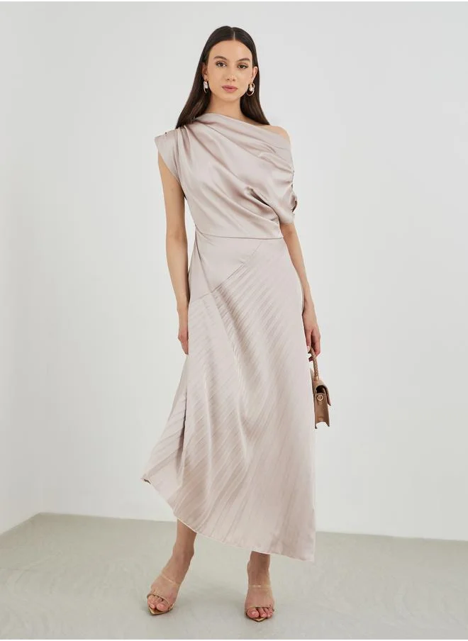 Take Two Take Two Solid Asymmetric Neck Pleated Midi Dress
