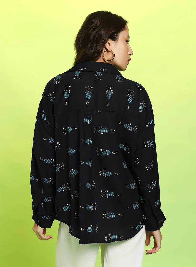 Pinacolada Midnight Black Women's Midnight Black Floral Block Oversized Shirt for Women | Best Price UAE