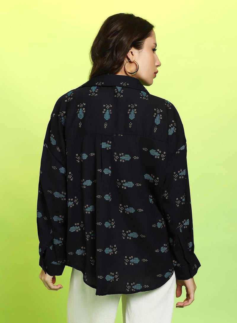PINACOLADA Women's Midnight Black Floral Block Oversized Shirt - Image 5
