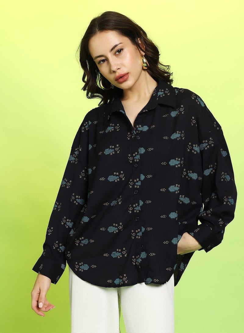 PINACOLADA Women's Midnight Black Floral Block Oversized Shirt - Image 1